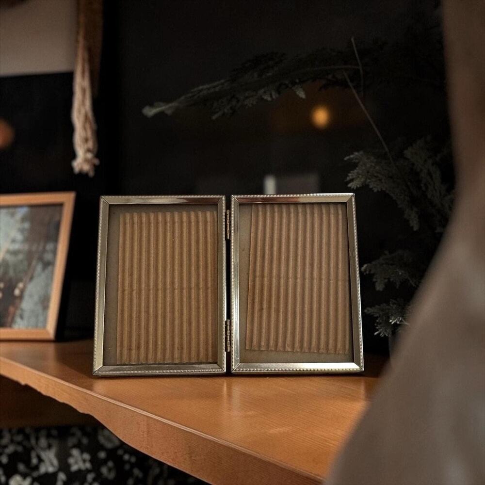 Vintage Gold Tone Double Hinged Picture Frame | Mini Dual 2.5 x 3.5 Inch Photo